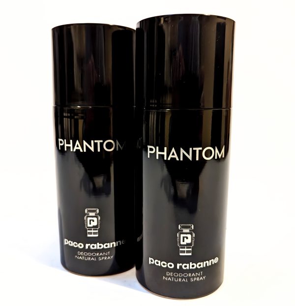 Two black bottles of Paco Rabanne Phantom deodorant natural spray are shown side by side against a white background.