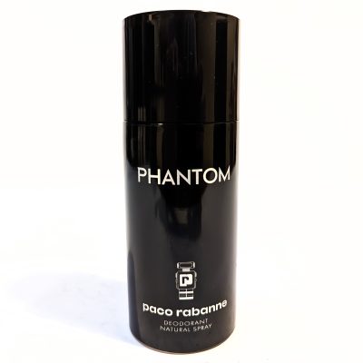 A black cylindrical container of Paco Rabanne Phantom deodorant natural spray, featuring a minimalist design with metallic silver text.