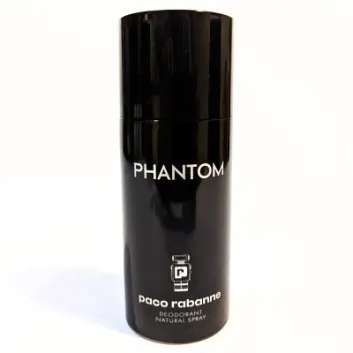 A black cylindrical container of Paco Rabanne Phantom deodorant natural spray, featuring a minimalist design with metallic silver text.