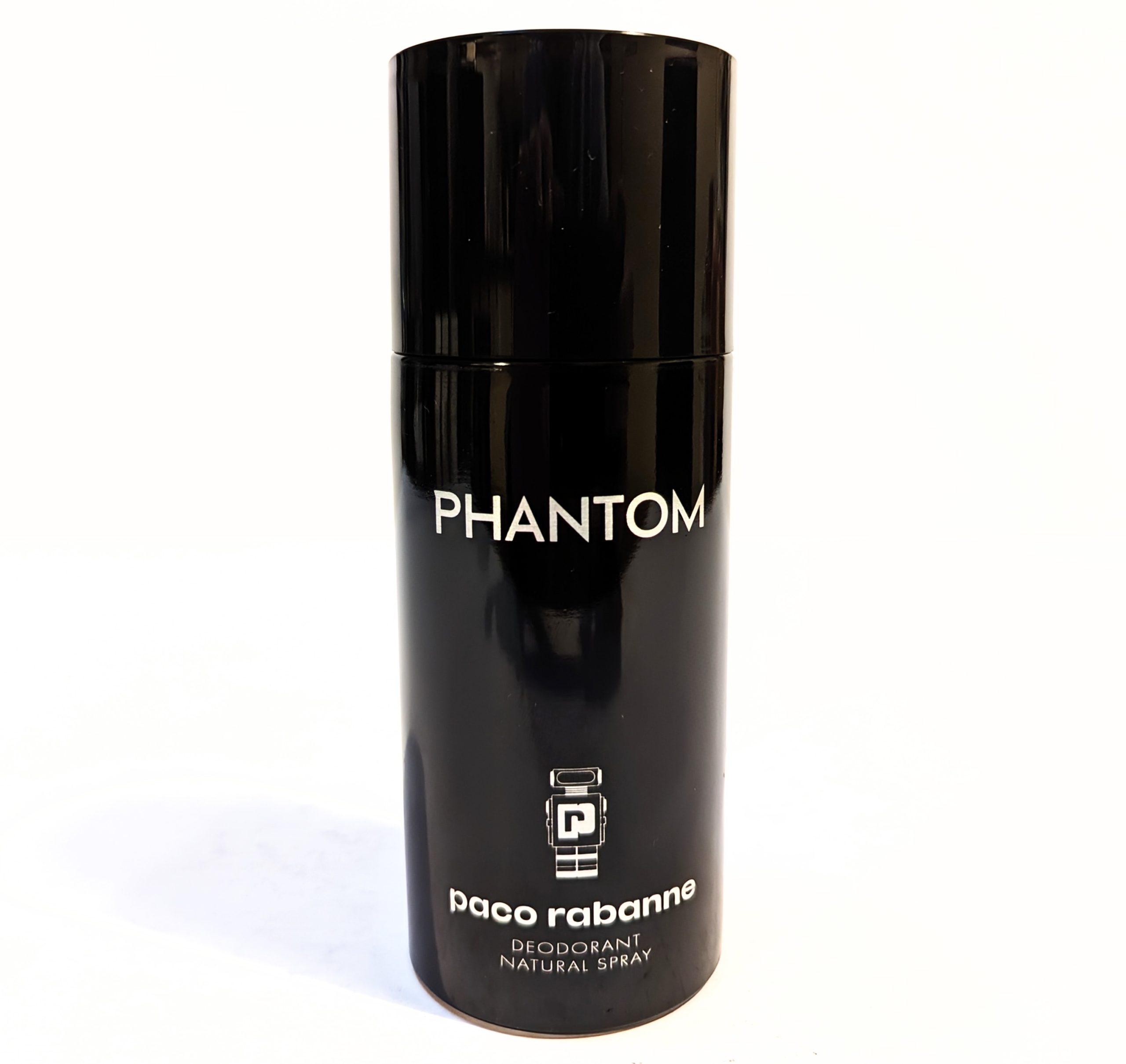 A black cylindrical container of Paco Rabanne Phantom deodorant natural spray, featuring a minimalist design with metallic silver text.