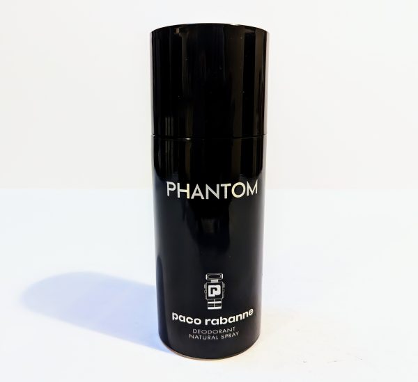 A black cylindrical bottle labeled "PHANTOM" with "paco rabanne" and “DEODORANT NATURAL SPRAY" written below in white text.