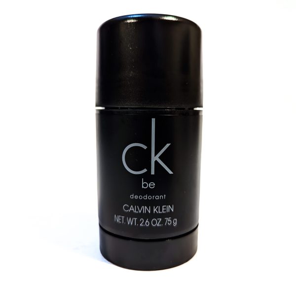 A black stick of CK Be deodorant by Calvin Klein, with a net weight of 2.6 oz (75 g), displayed against a white background.