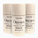 Three stick deodorants of Calvin Klein "Obsession for men," each with a net weight of 2.6 oz (75g), labeled as alcohol-free.
