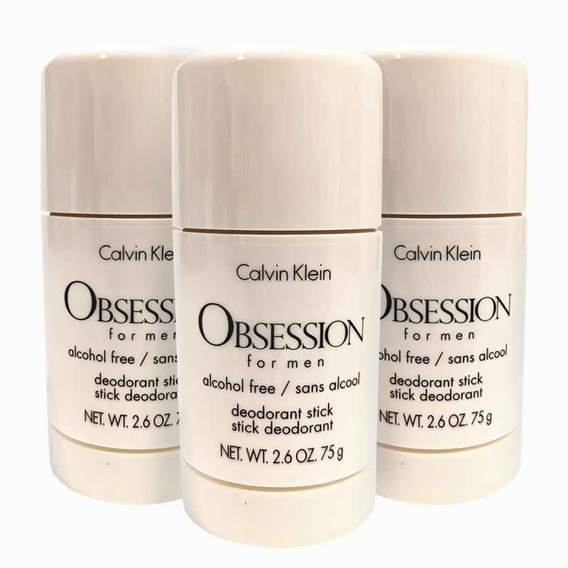 Three stick deodorants of Calvin Klein “Obsession for men,” each with a net weight of 2.6 oz (75g), labeled as alcohol-free.