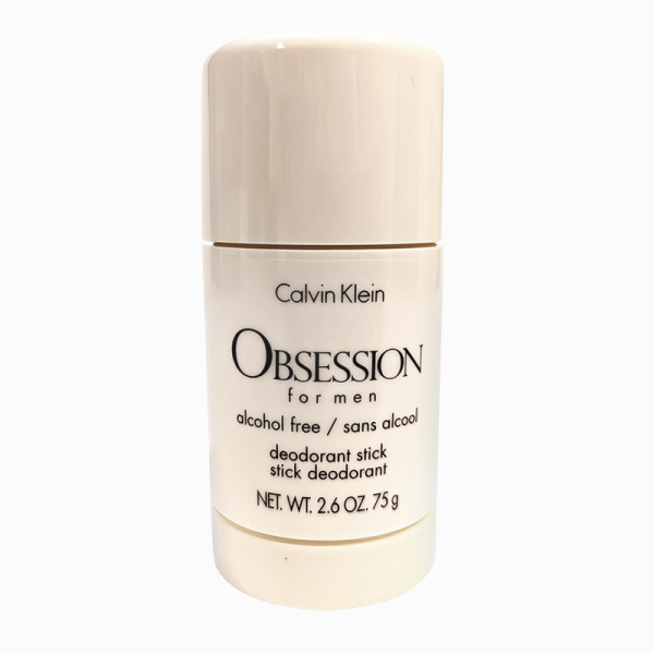 A beige, cylindrical deodorant stick labeled "Calvin Klein Obsession for men" with text stating it is alcohol-free and weighs 2.6 oz (75 g).