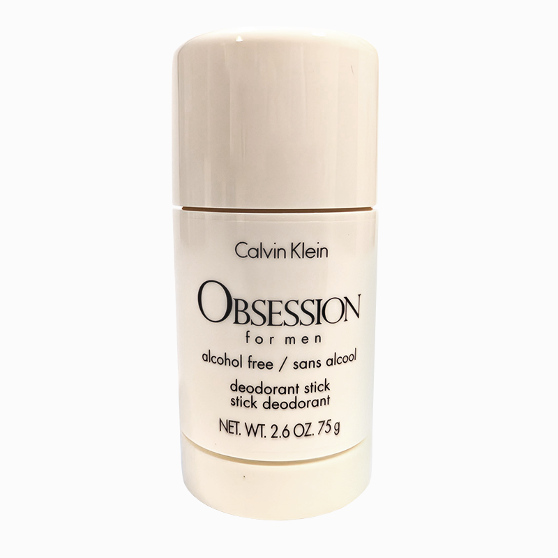 A beige, cylindrical deodorant stick labeled “Calvin Klein Obsession for men” with text stating it is alcohol-free and weighs 2.6 oz (75 g).
