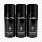 Three cans of 3x Paco Rabanne Phantom Deodorant Spray 150ml are displayed side by side on a transparent background.