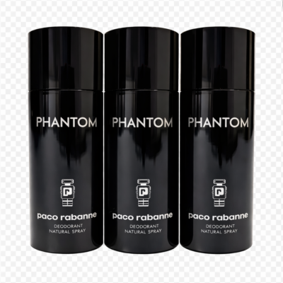 Three cans of 3x Paco Rabanne Phantom Deodorant Spray 150ml are displayed side by side on a transparent background.