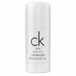 A white cylindrical stick of CK One Deodorant Deodorant Stick for Men 75ml, featuring product details in black text.