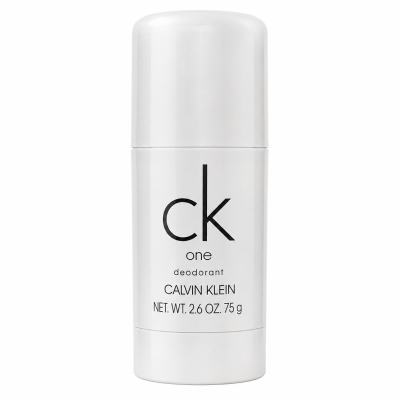 A white cylindrical stick of CK One Deodorant Deodorant Stick for Men 75ml, featuring product details in black text.