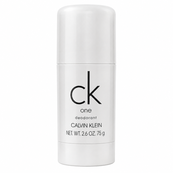 A white cylindrical stick of CK One Deodorant Deodorant Stick for Men 75ml, featuring product details in black text. A white cylindrical stick of CK One Deodorant Deodorant Stick for Men 75ml, featuring product details in black text.