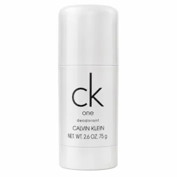 A white cylindrical stick of CK One Deodorant Deodorant Stick for Men 75ml, featuring product details in black text.