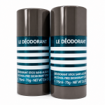 Two 75ml Jean Paul Gaultier Le Male Deodorant Sticks with blue and white striped labels that read “LE DÉODORANT,” standing side by side on a white background.