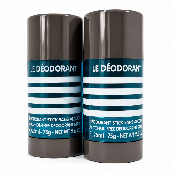 Two 75ml Jean Paul Gaultier Le Male Deodorant Sticks with blue and white striped labels that read “LE DÉODORANT,” standing side by side on a white background. Two 75ml Jean Paul Gaultier Le Male Deodorant Sticks with blue and white striped labels that read “LE DÉODORANT,” standing side by side on a white background.