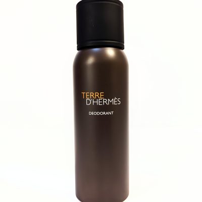 A cylindrical, bronze-colored can of Terre d'Hermès deodorant with a black cap. The text on the can reads, "TERRE D'HERMÈS DEODORANT.