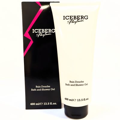A 400 ml bottle of Iceberg Parfum Bath and Shower Gel is displayed in front of its black and pink packaging box.