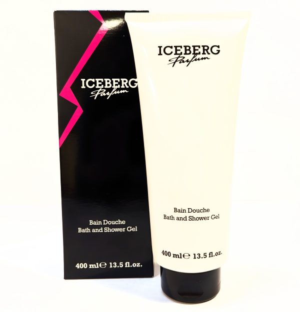 A 400 ml bottle of Iceberg Parfum Bath and Shower Gel is displayed in front of its black and pink packaging box.