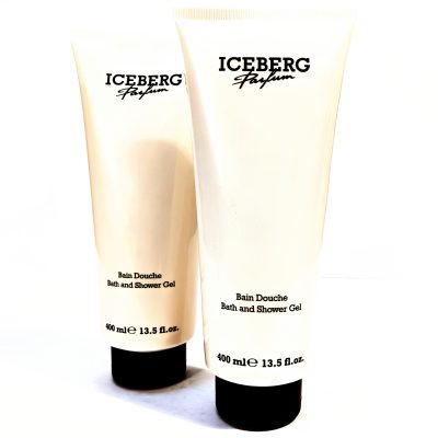 Two standing white tubes of Iceberg Parfum Bath and Shower Gel, each labeled as 400 ml or 13.5 fl. oz. .