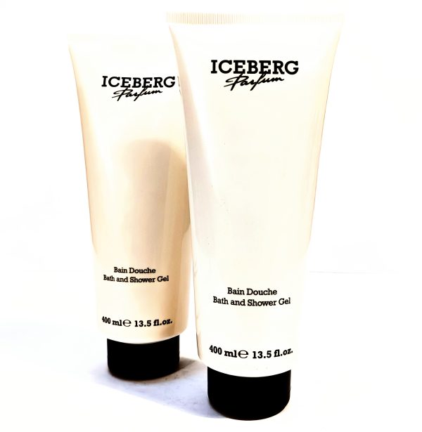 Two standing white tubes of Iceberg Parfum Bath and Shower Gel, each labeled as 400 ml or 13.5 fl. oz. .