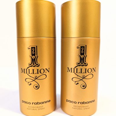 Two gold cylindrical deodorant spray cans with "1 Million" and "paco rabanne" text on the front, positioned side by side against a white background.