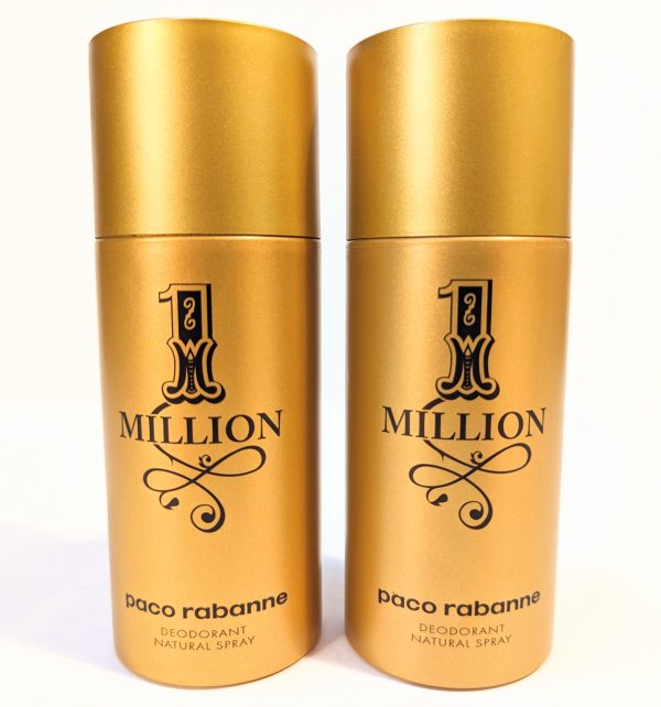 Two gold cylindrical deodorant spray cans with "1 Million" and "paco rabanne" text on the front, positioned side by side against a white background.