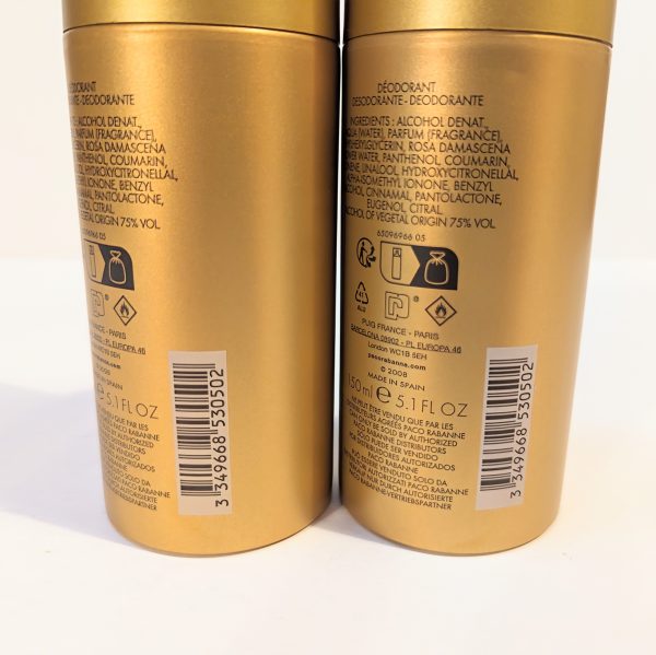 Two golden deodorant cans showing their ingredients lists and barcodes. Each can has 150 ml or 5.1 fl oz of product.