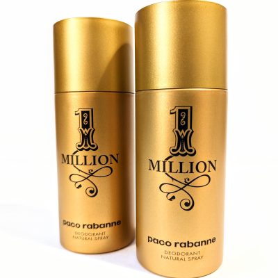 Two gold-colored cans of Paco Rabanne 1 Million deodorant spray are placed side by side against a plain white background.