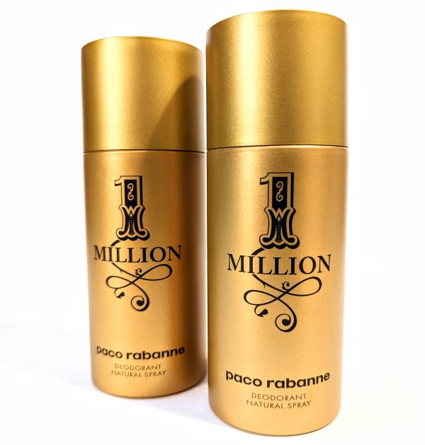 Two gold-colored cans of Paco Rabanne 1 Million deodorant spray are placed side by side against a plain white background.