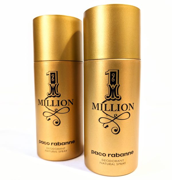 Two gold-colored cans of Paco Rabanne 1 Million deodorant spray are placed side by side against a plain white background. Two gold-colored cans of Paco Rabanne 1 Million deodorant spray are placed side by side against a plain white background.