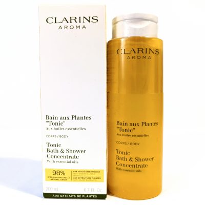 Clarins Aroma Tonic Bath & Shower Concentrate with essential oils, 200 ml bottle, shown next to its packaging box.