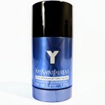 Yves Saint Laurent stick deodorant in a blue container with black cap. The label reads "alcohol-free deodorant stick, net wt. 2.6 oz / 75g".