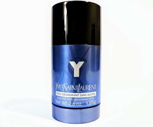 Yves Saint Laurent stick deodorant in a blue container with black cap. The label reads "alcohol-free deodorant stick, net wt. 2.6 oz / 75g".