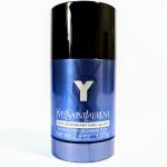 Yves Saint Laurent stick deodorant in a blue container with black cap. The label reads "alcohol-free deodorant stick, net wt. 2.6 oz / 75g".