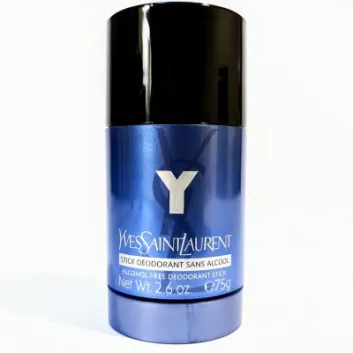 Yves Saint Laurent stick deodorant in a blue container with black cap. The label reads "alcohol-free deodorant stick, net wt. 2.6 oz / 75g".
