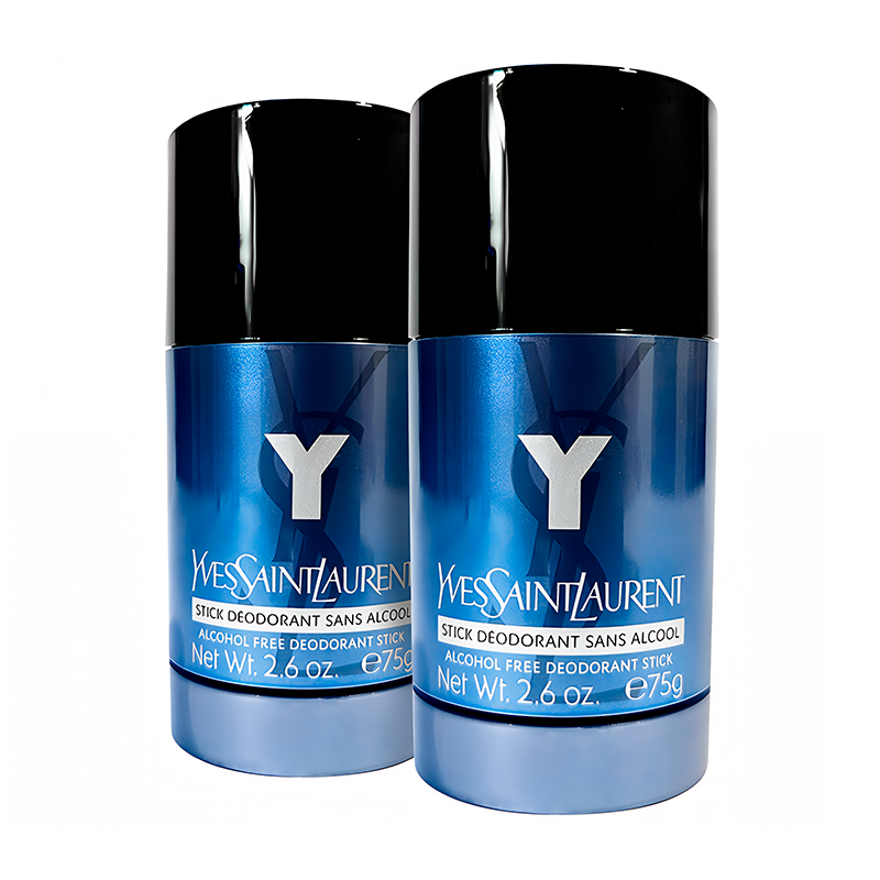 Two Yves Saint Laurent alcohol-free deodorant sticks, each with a net weight of 2.6 oz (75 g), against a white background.