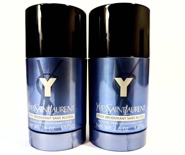 Two Yves Saint Laurent alcohol-free deodorant sticks, each 2.6 oz (75g), with blue and black packaging.