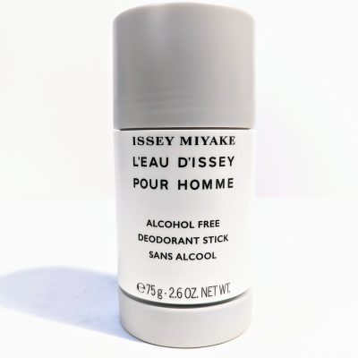 A white cylindrical deodorant stick container with a grey cap, labeled “Issey Miyake L’Eau D’Issey Pour Homme,” indicating it is alcohol-free. Net weight is 75g (2.6 oz).