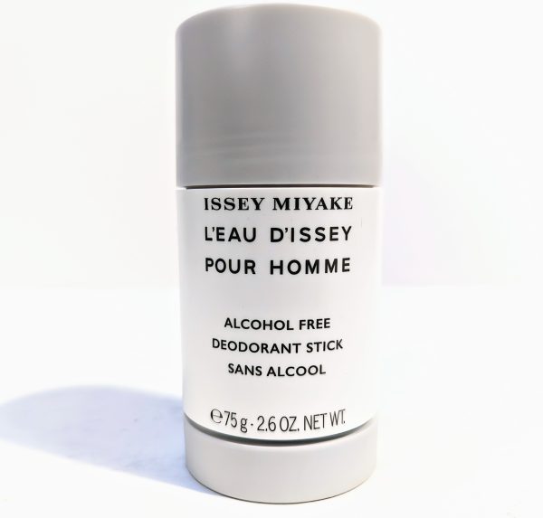 A white cylindrical deodorant stick container with a grey cap, labeled "Issey Miyake L'Eau D'Issey Pour Homme," indicating it is alcohol-free. Net weight is 75g (2.6 oz).