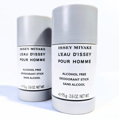 Two grey tubes of Issey Miyake L'eau D'Issey Pour Homme deodorant sticks, labeled alcohol-free, each with a net weight of 75g (2.6 oz).