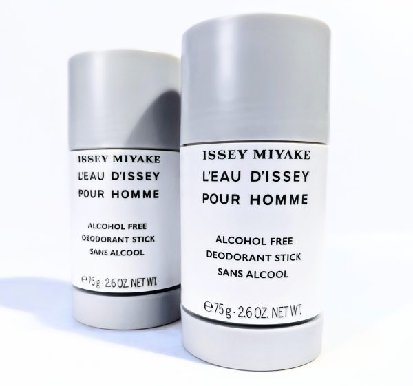 Two grey tubes of Issey Miyake L'eau D'Issey Pour Homme deodorant sticks, labeled alcohol-free, each with a net weight of 75g (2.6 oz).