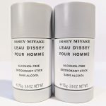 Two Issey Miyake L'Eau d'Issey Pour Homme deodorant sticks, each weighing 75g and alcohol-free, shown side by side against a plain background.