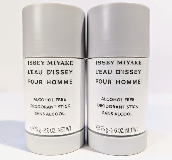 Two Issey Miyake L'Eau d'Issey Pour Homme deodorant sticks, each weighing 75g and alcohol-free, shown side by side against a plain background.