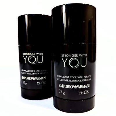 Two black deodorant sticks from Emporio Armani's "Stronger With You" line are displayed against a white background. Each stick is labeled alcohol-free and weighs 75g (2.6 oz).