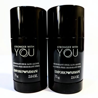 Two black deodorant sticks from Emporio Armani's "Stronger With You" line, each containing 75g (2.6 oz) of product.