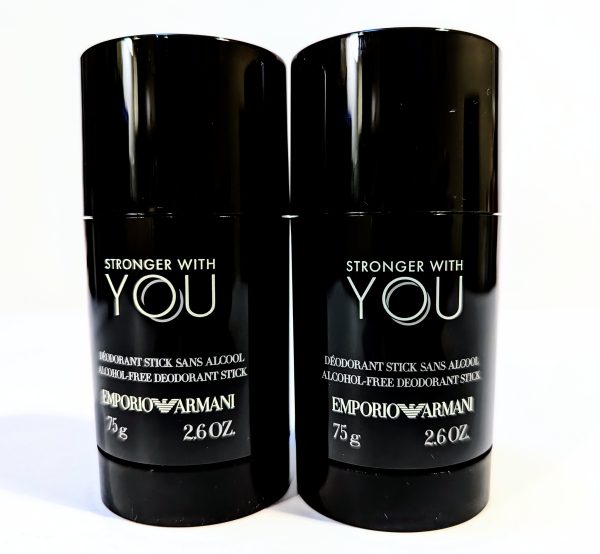 Two black deodorant sticks from Emporio Armani's "Stronger With You" line, each containing 75g (2.6 oz) of product.