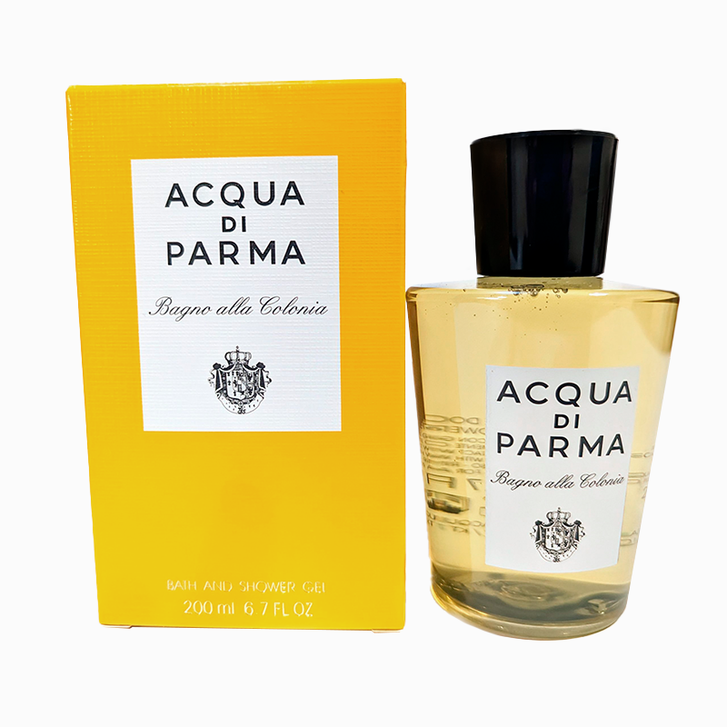 A bottle of Acqua di Parma Bagno alla Colonia bath and shower gel placed next to its yellow box. The bottle contains 200 ml (6.7 fl. oz) of the product.