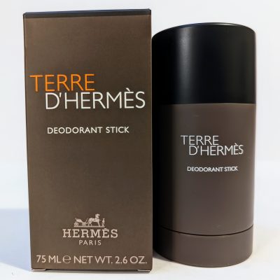 Image of Terre d’Hermès deodorant stick, 75ml, displayed next to its brown and orange packaging.