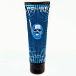 A tube of Police To Be All Over Body Shampoo, 100 ml, black with blue skull design and radiating blue lines.