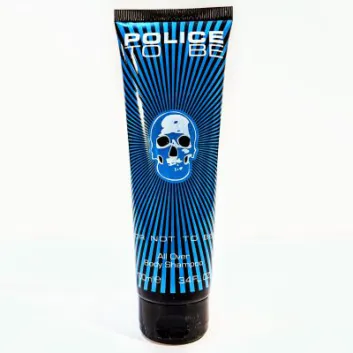 A tube of Police To Be All Over Body Shampoo, 100 ml, black with blue skull design and radiating blue lines.