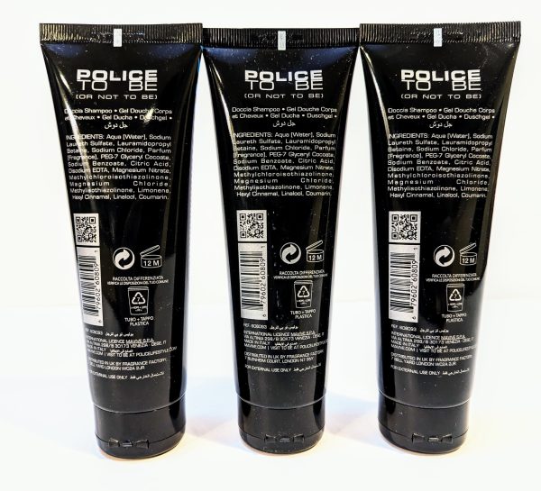 Three tubes of Police To Be shower gel are displayed side by side. The black labeled tubes show the product name, ingredients, recycling information, and the 12-month usage period after opening.